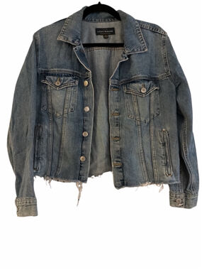 Lucky Brand Cropped Denim Jacket - Fringed Hem - Soft & Stretchy - Size Large